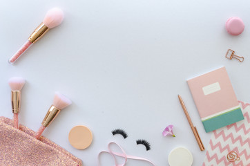 flat lay pink composition with cosmetics, makeup tools and accessory on white background. beauty,...