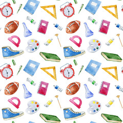 Seamless pattern with school items on white background.