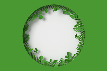 Fototapeta na wymiar Green Leaves are circle framed shape on white background, Butterfly paper fly, 3d rendering, with clipping path.