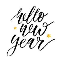 Hello New Year Vector Brush Phrase Lettering Calligraphy Sticker Gold