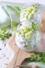 Summer light salad: Greek yoghurt, greens and cucumber