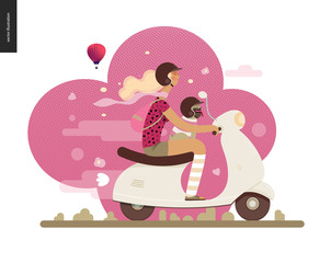 Girl on a scooter - flat vector concept illustration of blonde girl wearing helmet riding a white scooter, a french bulldog on her lap wearing small helmet, on the pink landscape with air balloon