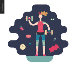 Gym - a girl llifting weights in the gym - flat vector concept illustration of a woman wearing tank top, leggings and kinesio tapes. surrounded by weights, barbell, ball. Healthy concept, gymnasium.