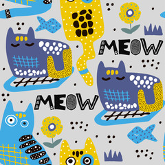 Naklejka premium Pattern with cartoon cats,kittens in scandinavian style. Seamless kid illustration for fabric,textile,posters.