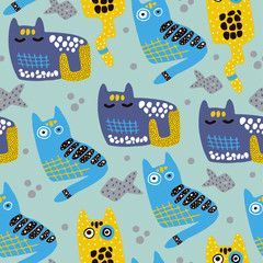 Pattern with cartoon cats,kittens in scandinavian style. Seamless kid illustration for fabric,textile,posters.