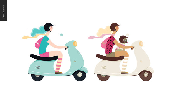Girl on a scooter - two flat vector concept illustrations of a girl wearing helmet riding a scooter, a french bulldog on her lap wearing small helmet