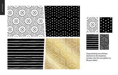 Hand drawn Patterns - a group set of four abstract seamless patterns - black, gold and white. Geometrical lines, dots and shapes - pieces