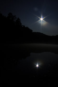 Reflection of Bright White Shining Full Moon Over Misty Midnight Blue Black Calm Still Tranquil Lake at Night
