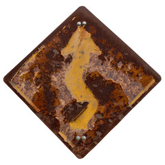 Isolate curved road traffic sign rusted old.