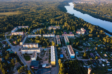 From a bird's-eye view of the urban village in the forests of Karelia. Nikolsky, Svir river, Leningrad region, Russia.