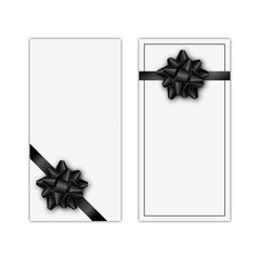 Set of holiday gift card with black ribbon and bow on white background. Template for a business card, banner, poster, notebook, invitation. Vector illustration for your design
