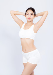 Portrait young asian woman smiling beautiful body diet with fit isolated on white background, model...