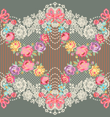 Lace Ribbon Romantic Floral Vector Seamless Pattern