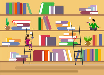Vector illustration, books on the shelves with the characters of people in flat 