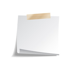 Sticky paper note with tape and shadow isolated on white background. Blank.