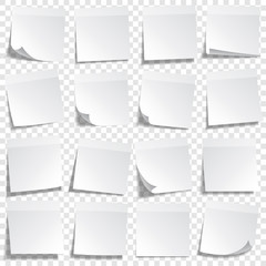 Sticky paper note with tape and shadow isolated on transparent background. Blank. Set