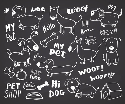 Funny Dogs doodle Set. Hand drawn sketched pets collection Vector Illustration on chalkboard background.