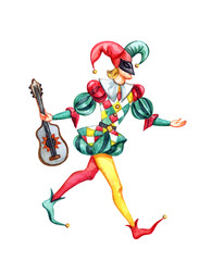 Harlequin with Guitar, the character of the Italian commedia dell'arte, watercolor painting on white background, isolated with clipping path.