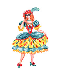 Colombina, the character of the Italian commedia dell'arte, watercolor painting on white background, isolated with clipping path.