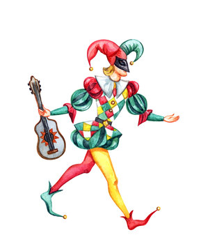 recommend clip art: Harlequin with Guitar, the character of the Italian commedia dell'arte, watercolor painting on white background, isolated with clipping path.