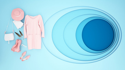 Blue oval with blue circle artwork for shopping background. Pink accessories and  blue background. paper cut style and craft style. Artwork blue wave and space for add message. 3D Illustration.