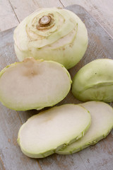 preparing sliced kohl rabi