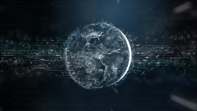Future technology background with world and digital big data information flowing field connections.Animation for vr,ai,iot, blockchain,cloud.America and United States visible. 4k render video