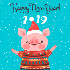 Happy 2019 New Year card. Funny piglet congratulates on holiday. Pig Chinese zodiac symbol of the year. Vector illustration in cartoon style