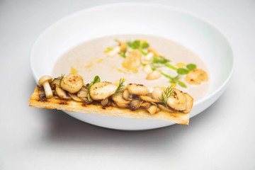 Cream mushroom soup with scallops and some herbs.