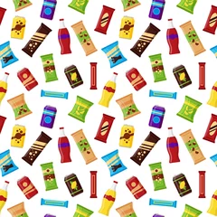 Foto op Aluminium Seamless pattern snack product for vending machine. Fast food snacks, drinks, nuts, chips, juice for vendor machine bar on white background. Flat illustration in vector © Ekaterina Mikhailova