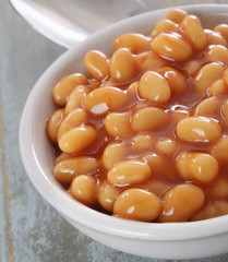 baked beans in white dish