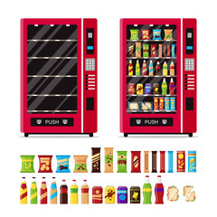 Empty and full vending machine with snacks and drinks isolated on white background. Automat with fast food snacks, drinks, nuts, chips, cracker, juice, sandwich. Flat illustration in vector