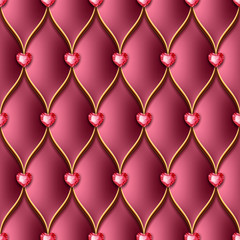 Leather upholstery seamless pattern with golden thread and gems. Vector Illustration