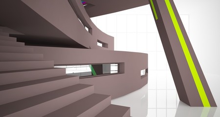 Fototapeta premium Abstract brown and colored gradient interior multilevel public space with window. 3D illustration and rendering.