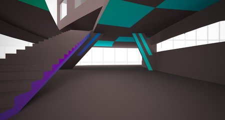 Abstract brown and colored gradient  interior multilevel public space with window. 3D illustration and rendering.