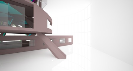 Abstract brown and colored gradient  interior multilevel public space with window. 3D illustration and rendering.