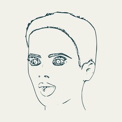 Face half turn view. Elegant outline silhouette of a female head. Portrait of a happy surprised woman