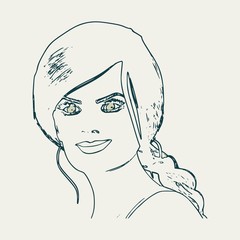 Face half turn view. Elegant outline silhouette of a female head. Portrait of a happy smiled woman