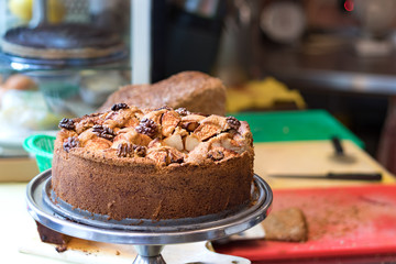 Dutch apple pie with nuts, closeup.