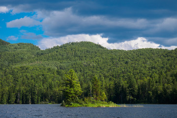 a small island on which green trees grow on the background of a dense forest on the hills of the lake