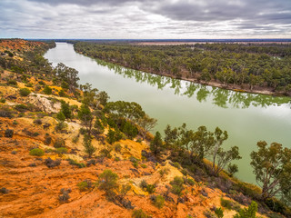 Fototapeta na wymiar Gum trees reflecting beautifully in Murray River