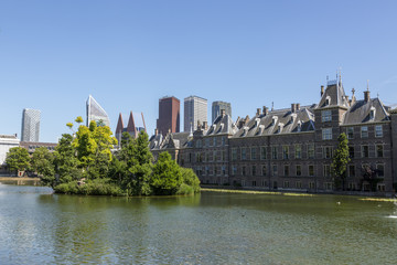 The Hague, Netherlands - July 03, 2018: View of the Binnenhof from the palace pond.