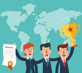 Successful, smiling, young, happy businessmen and business woman holding up winning trophy and showing an award certificate. Partnership and teamwork in business concept
