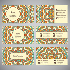 Set of business cards with floral mandala ornaments. Vector illustration