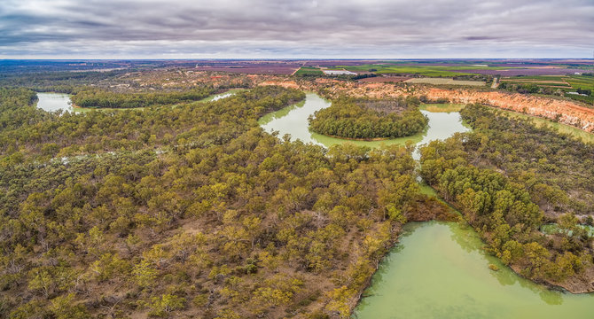 Aerial panoramic landscape of Murray River in Riverland region of South Australia