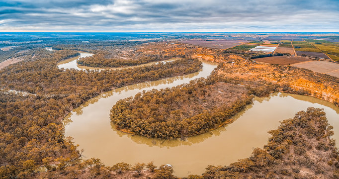 Aerial panorama of Murray River bends in Riverland region of South Australia