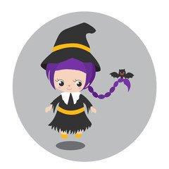 Happy little witch and bat cartoon. Cute character design. Kid in halloween costume concept. Vector illustration.