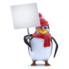 Vector 3d Christmas penguin has a blank placard