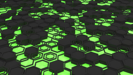 Abstract 3d background made of black hexagons on green glowing background