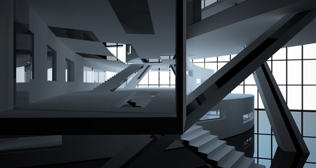 Abstract white and black interior multilevel public space with window. 3D illustration and rendering.